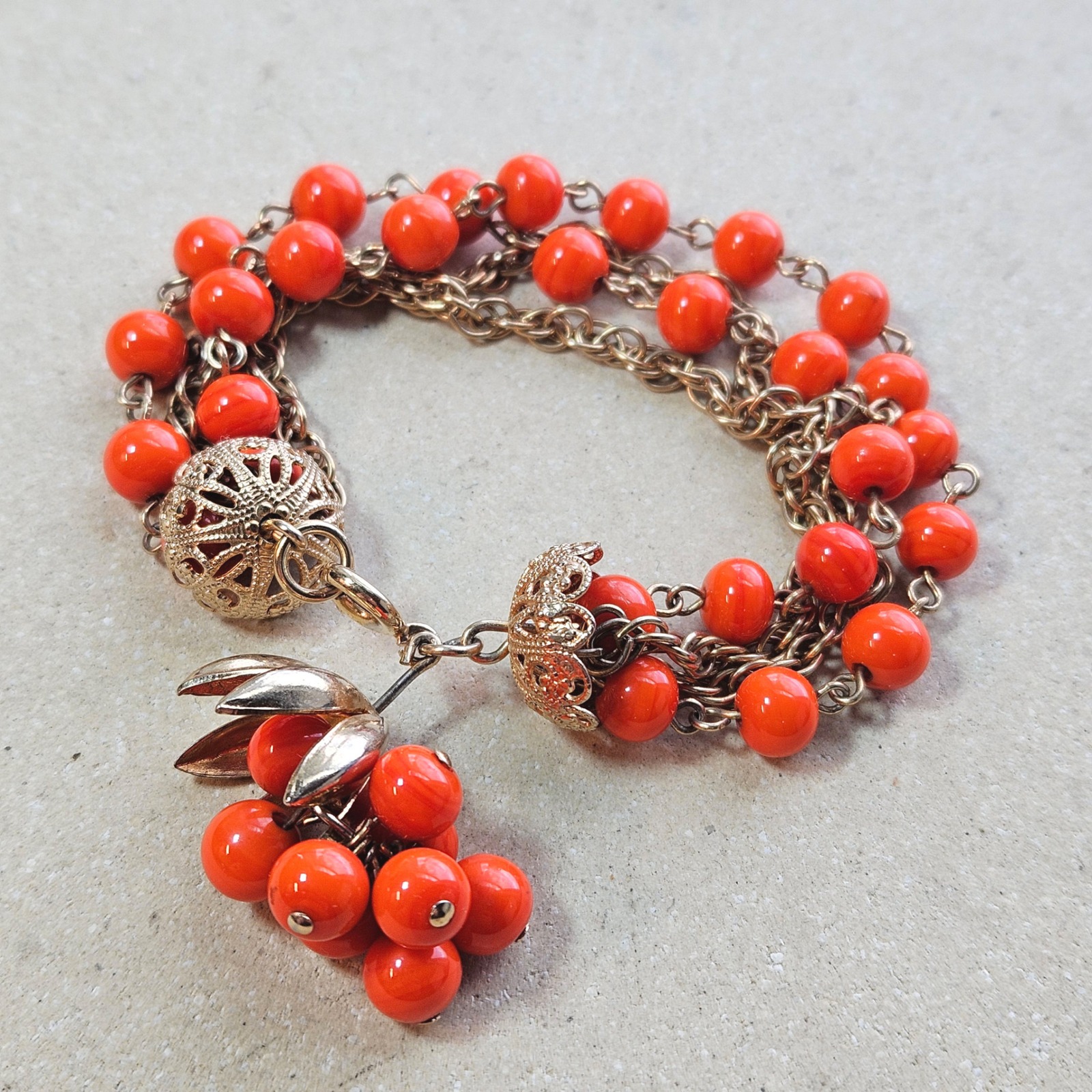 Kramer New York Vintage Multi Strand Orange Faux Coral Bead Gold Tone Bracelet